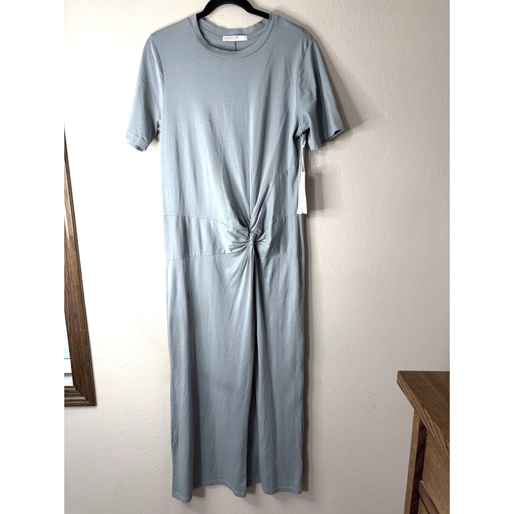 Stateside Womens light blue Twist Front Slit Maxi Dress Short Sleeve Size L NWT
